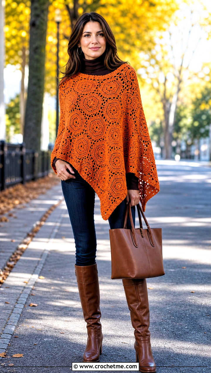 Asymmetrical Hexagon Crochet Poncho With Skinny Jeans - 20 Hexagon Crochet Poncho outfit ideas