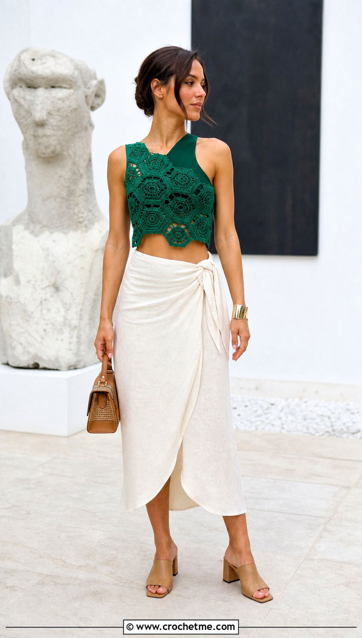 Asymmetrical Hexagon Crop Top With Wrap Skirt - 25 crochet hexagon crop top outfit ideas