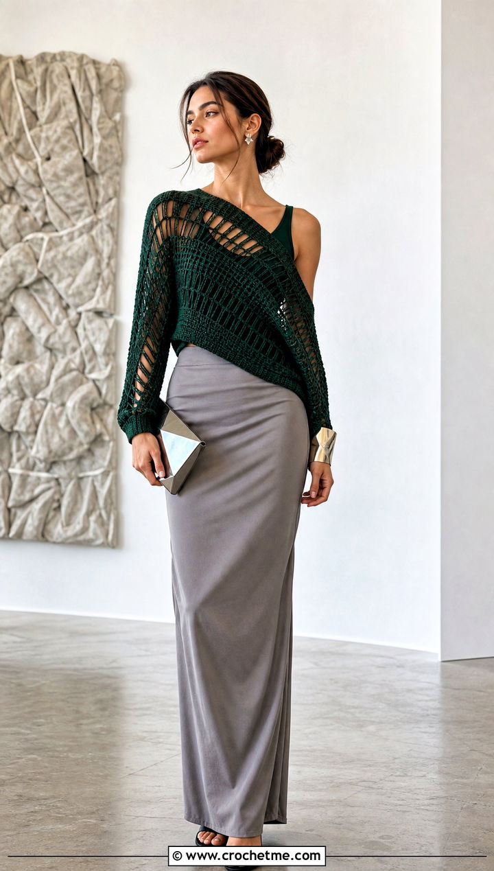 Asymmetrical Hollow Out Crochet Sweater With Column Skirt - 25 Hollow Out Crochet Sweater outfit ideas