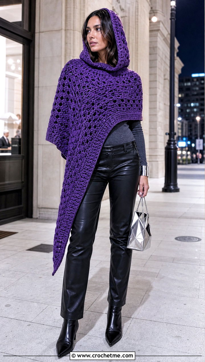 Asymmetrical Hooded Crochet Cape With Leather Pants - 25 Hooded Crochet Cape outfit ideas