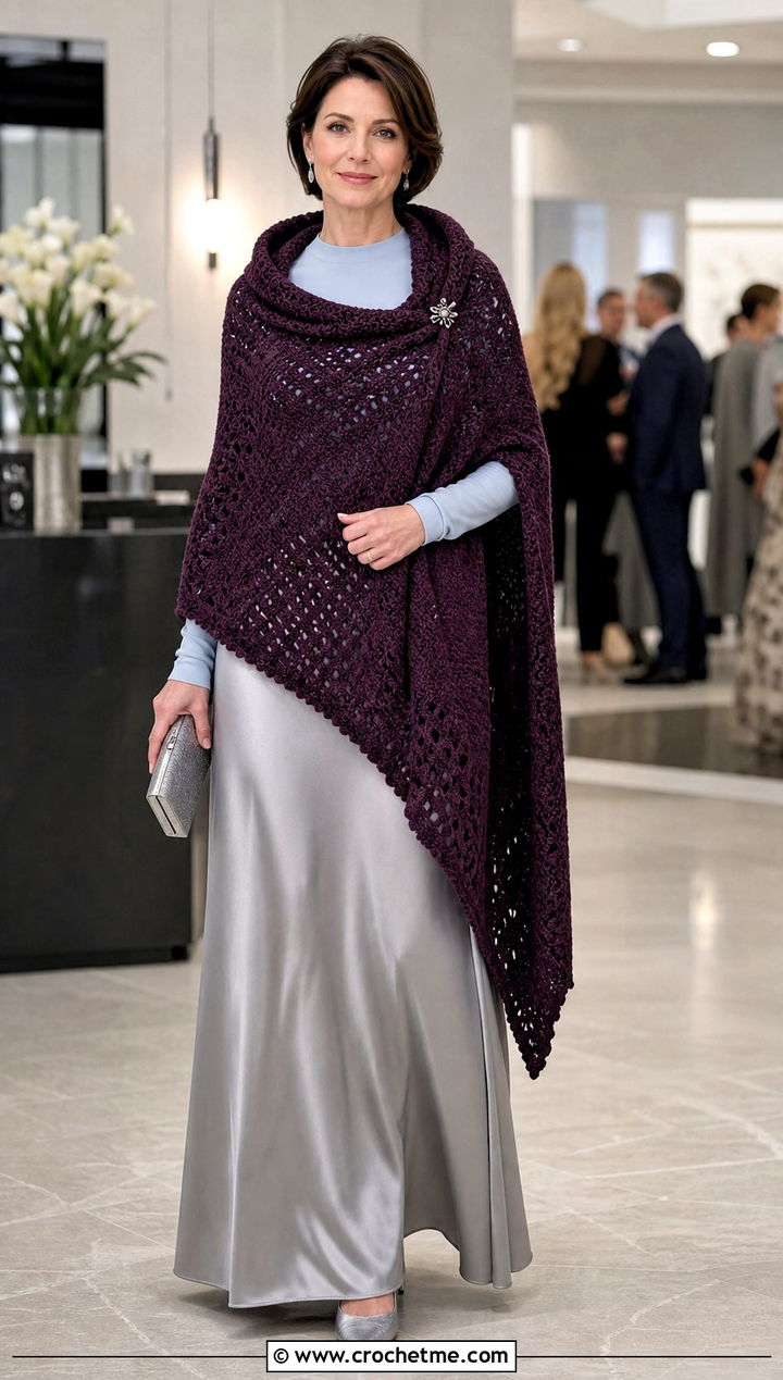Asymmetrical Hooded Crochet Ruana With Satin Maxi Skirt - 20 Hooded Crochet Ruana outfit ideas