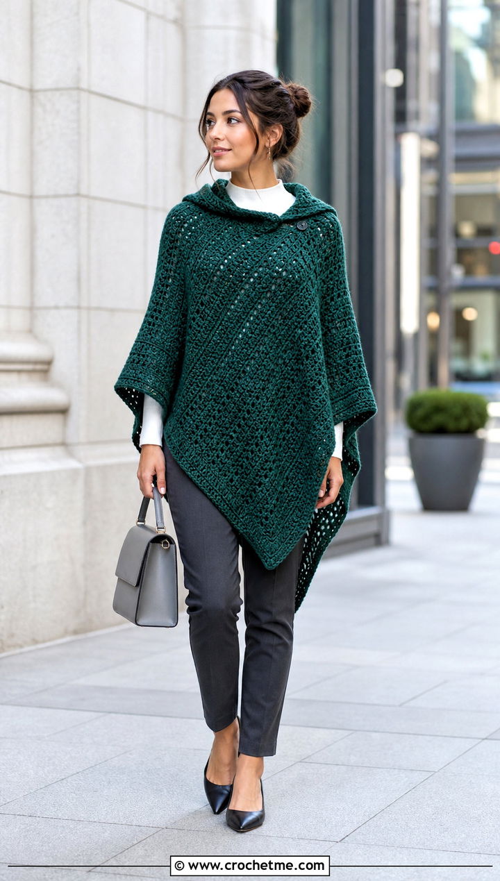 Asymmetrical Hooded Poncho With Cigarette Pants - 35 Crochet Hooded Poncho outfit ideas