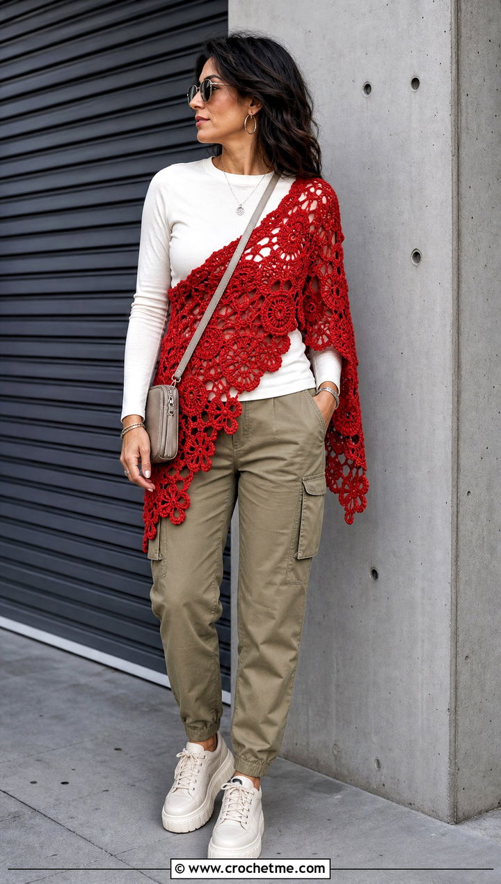 Asymmetrical Irish Crochet Shawl With Cargo Pants - 20 Irish Crochet Shawl outfit ideas