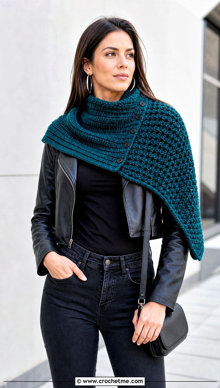 Asymmetrical Katniss Crochet Cowl With Leather Jacket - 15 katniss crochet hat outfit ideas