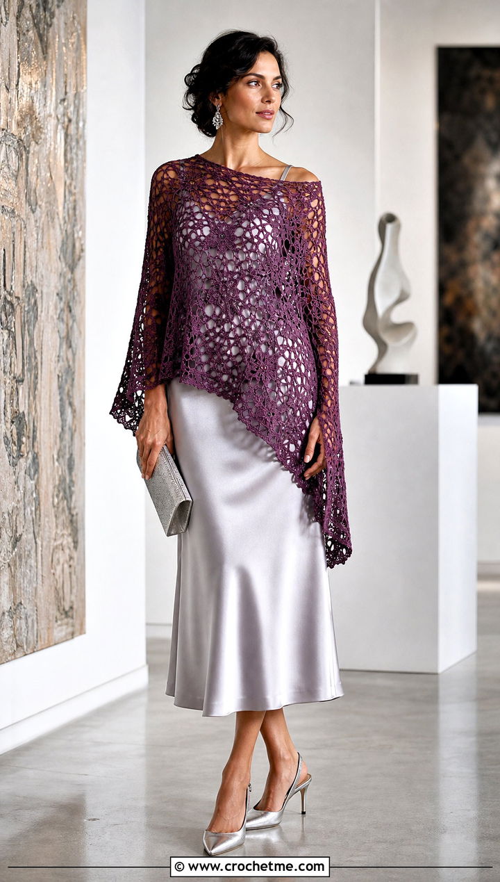 Asymmetrical Lace Crochet Poncho Sweater With Satin Skirt - 35 crochet poncho sweater outfit ideas