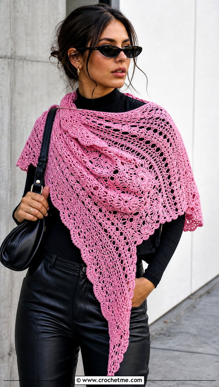Asymmetrical Lace Crochet Shawl With Leather Pants - 15 Easy Lacy Crochet Shawl outfit ideas