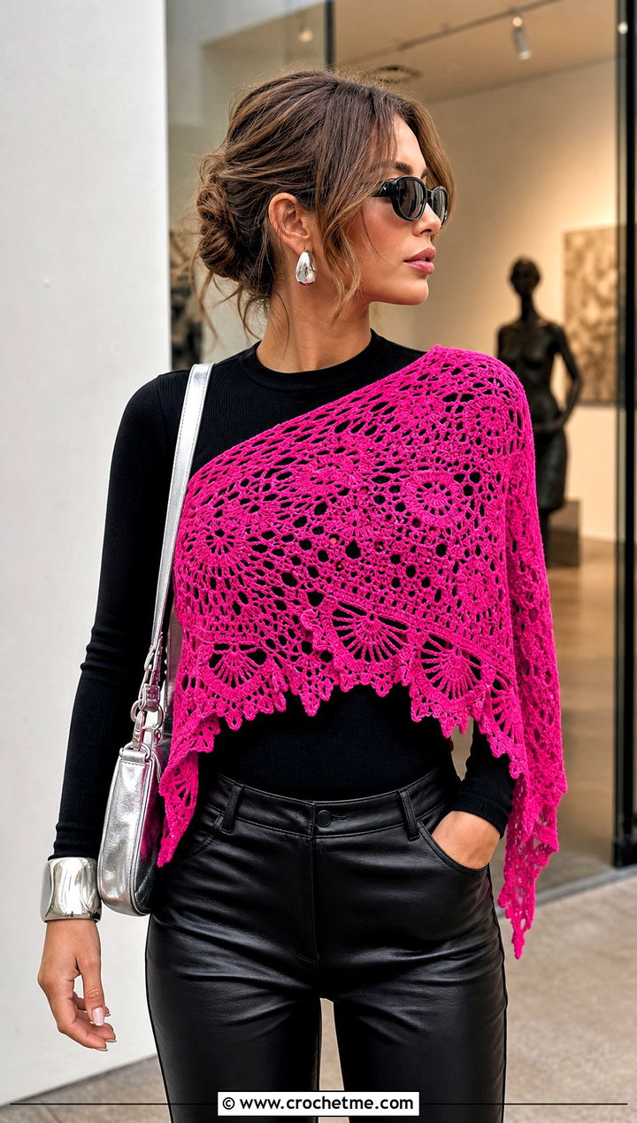 Asymmetrical Lace Crochet Shawl With Leather Pants - 25 Lace Crochet Shawl outfit ideas