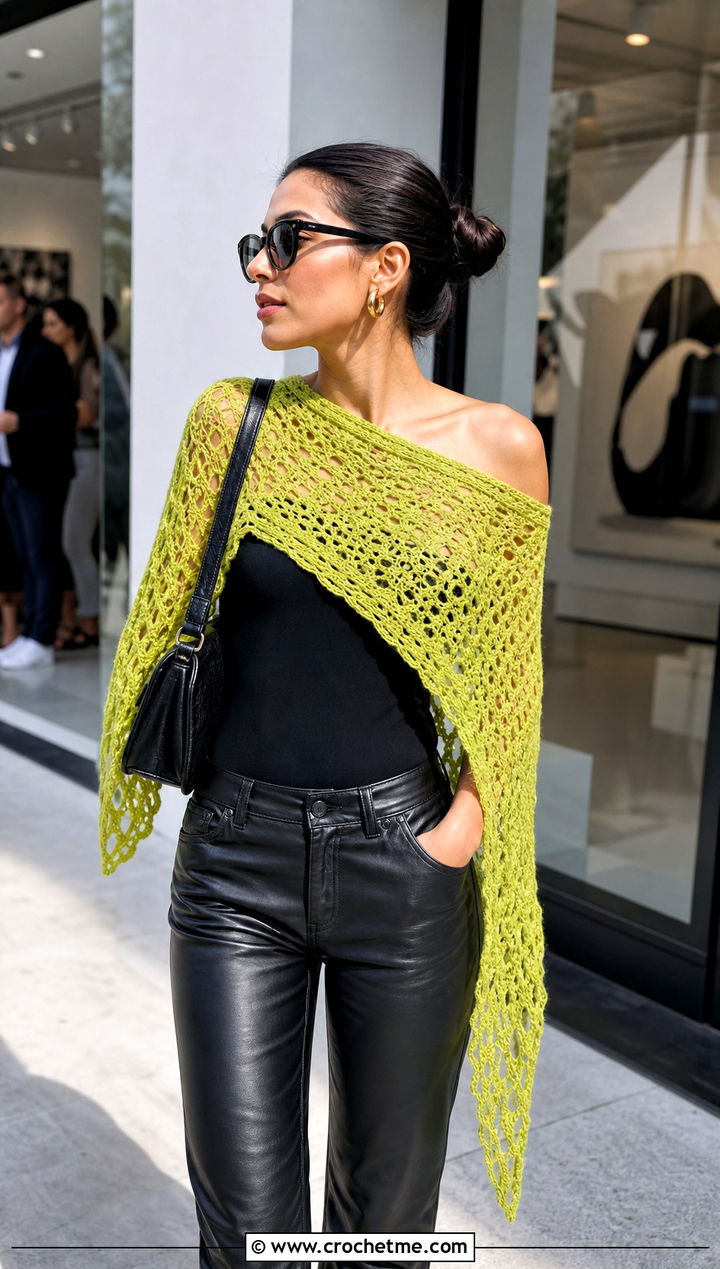 Asymmetrical Lace Shawl With Leather Pants - 25 Lacey Crochet Shawls outfit ideas