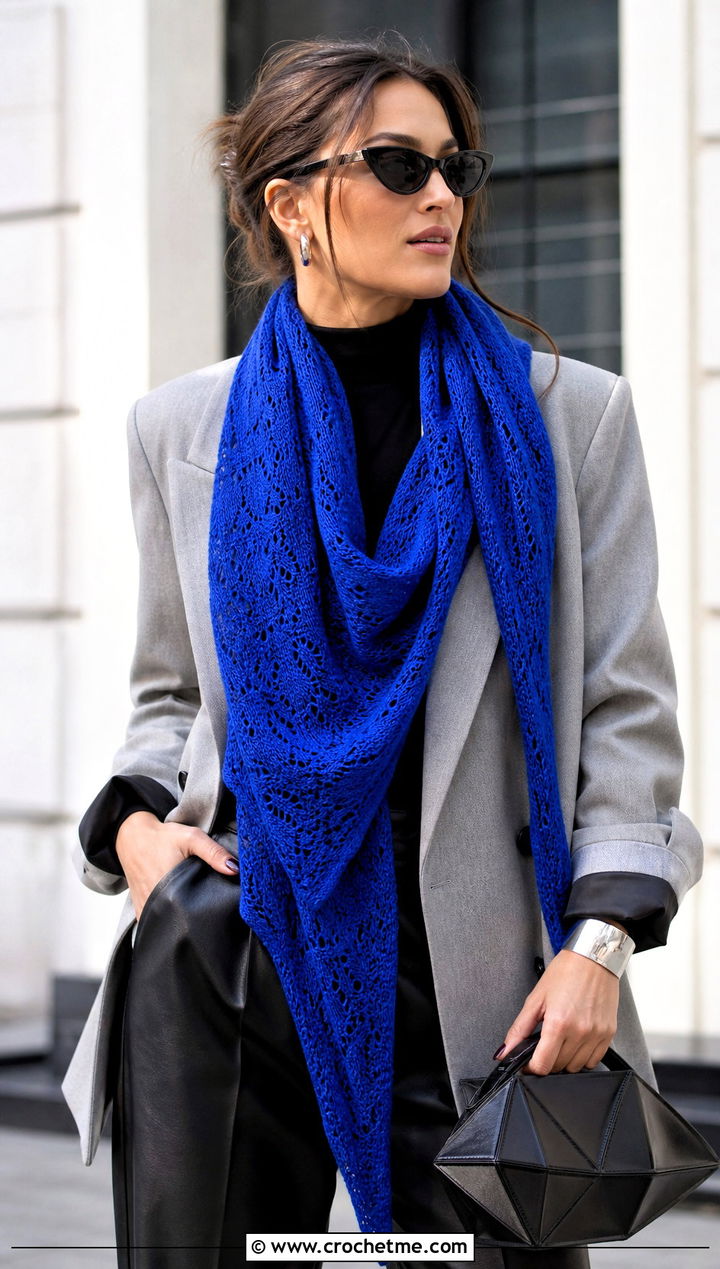 Asymmetrical Lace Triangle Shawl With Blazer And Leather Pants - 25 Crochet Lacy Triangle Shawl outfit ideas