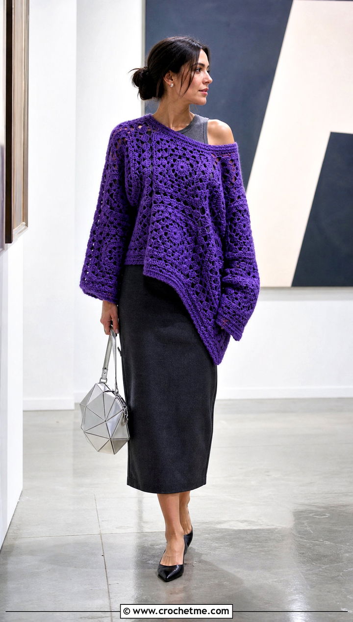 Asymmetrical Large Granny Square Sweater With Straight Midi Skirt - 35 large granny square sweater outfit ideas