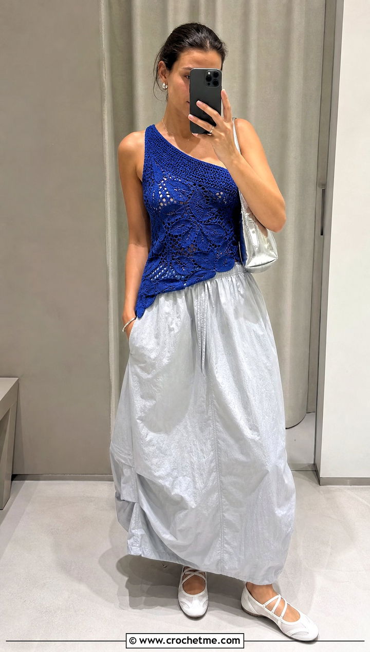 Asymmetrical Leaf Crochet Top With Parachute Skirt - 15 crochet top with leaf outfit ideas