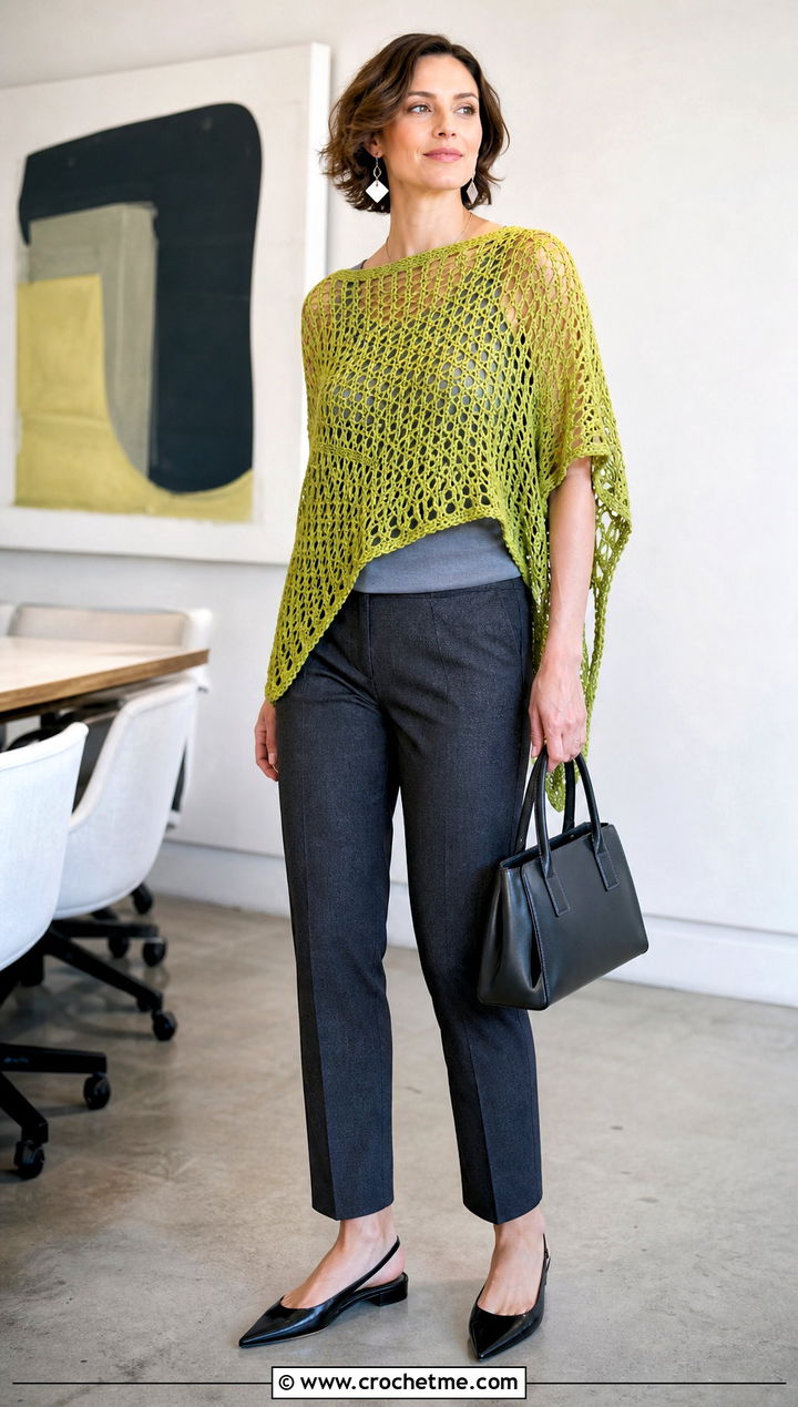Asymmetrical Lightweight Crochet Poncho With Tailored Trousers - 15 Lightweight Crochet Poncho outfit ideas