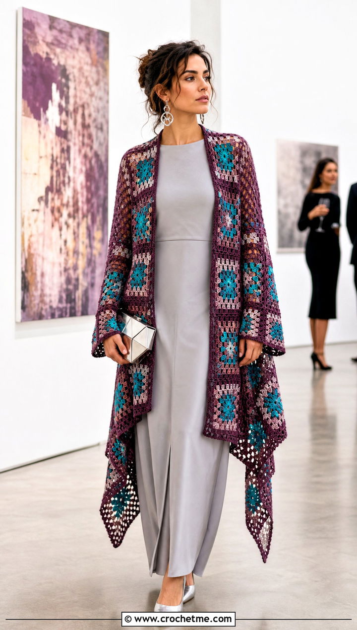 Asymmetrical Long Granny Square Cardigan With Tailored Maxi Dress - 35 long granny square cardigan outfit ideas
