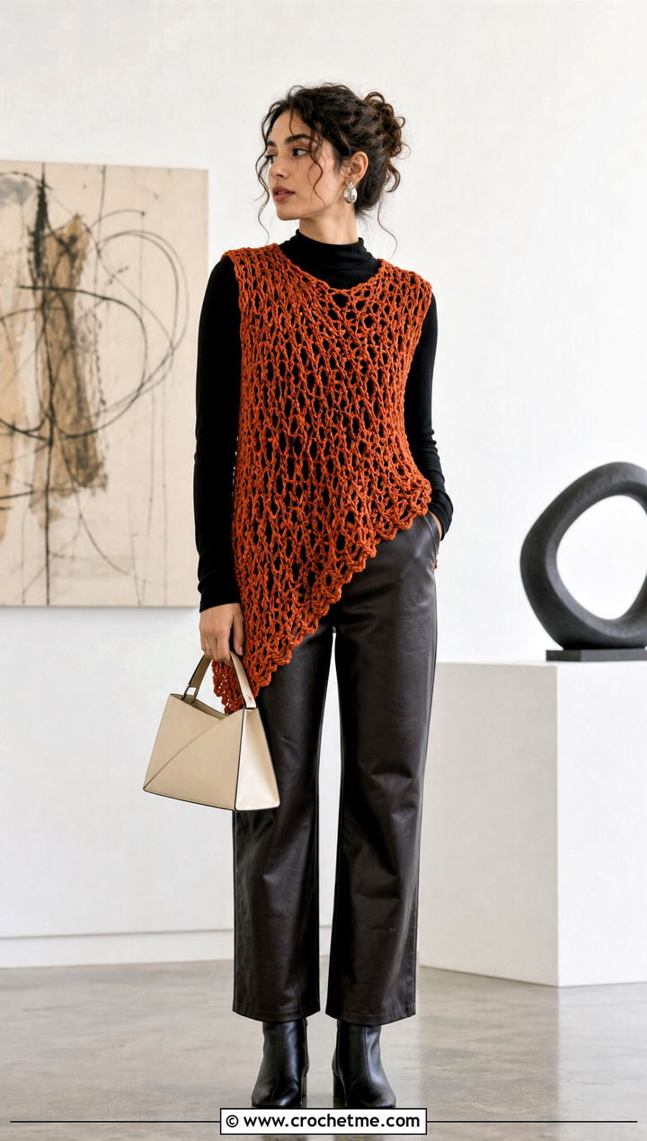 Asymmetrical Loopy Crochet Vest With Leather Pants - 15 loopy crochet vest outfit ideas