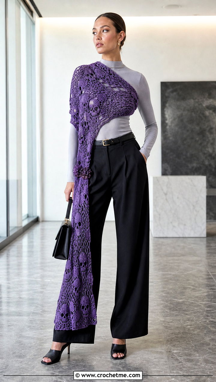 Asymmetrical Lost Souls Wrap With Wide Leg Pants - 35 crochet lost souls shawl outfit ideas