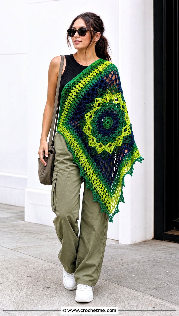 Asymmetrical Mandala Yarn Crochet Shawl With Cargo Pants - 15 Crochet Shawl Mandala Yarn outfit ideas