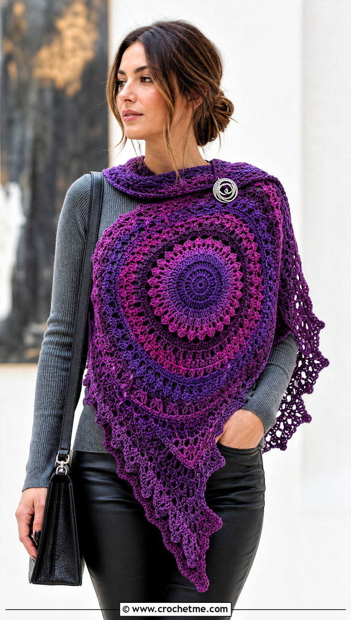 Asymmetrical Mandala Yarn Crochet Shawl With Leather Pants - 20 Mandala Yarn Crochet Shawl outfit ideas