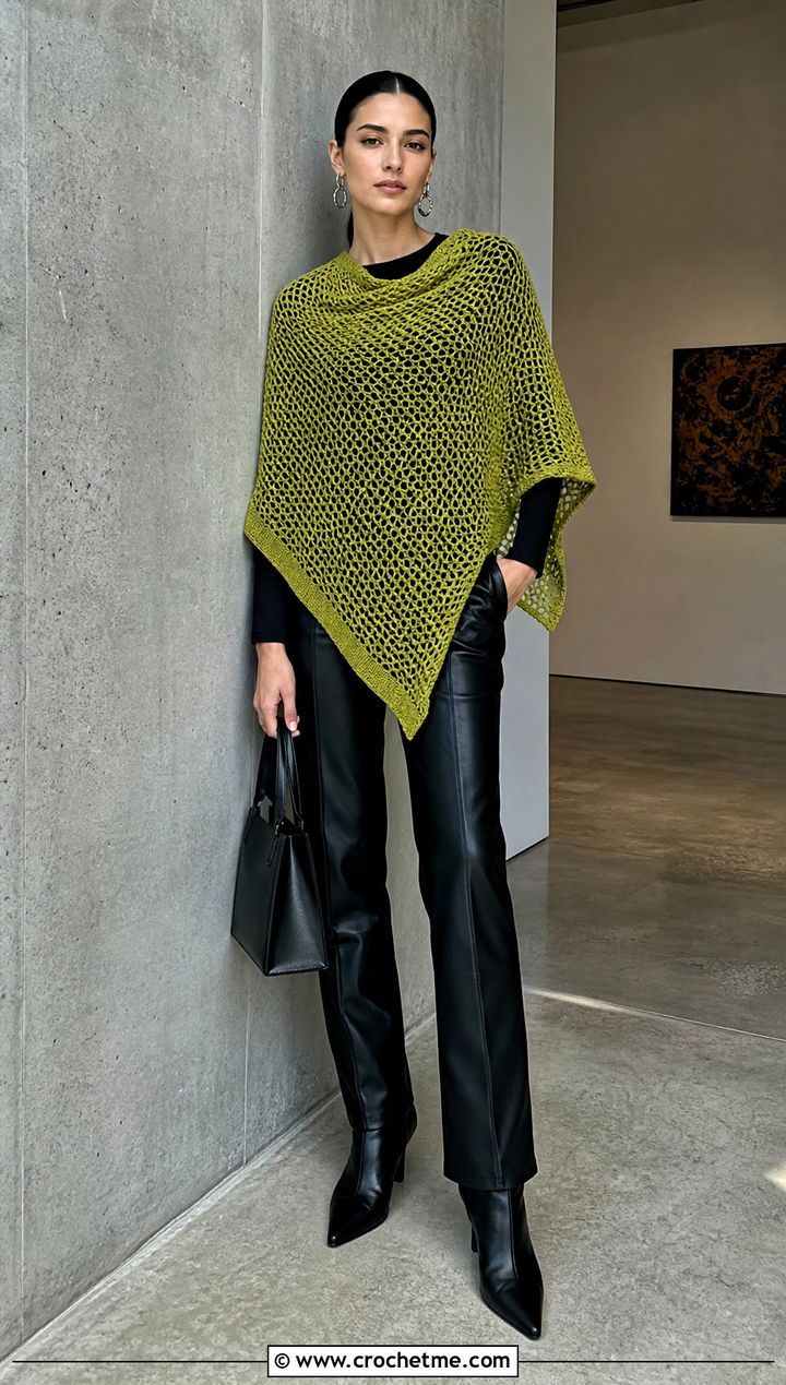 Asymmetrical Mesh Crochet Poncho With Leather Pants - 25 Mesh Crochet Poncho outfit ideas