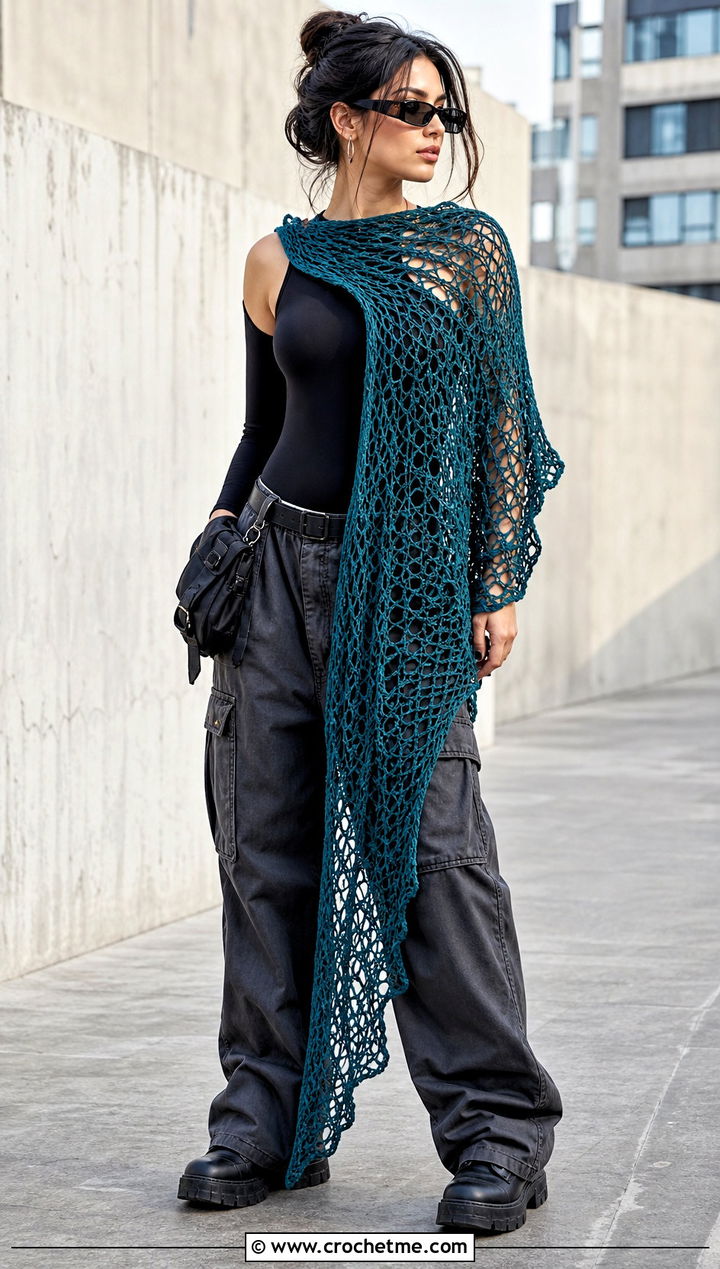 Asymmetrical Mesh Witch Crochet Shawl With Cargo Pants - 15 Witch Crochet Shawl outfit ideas