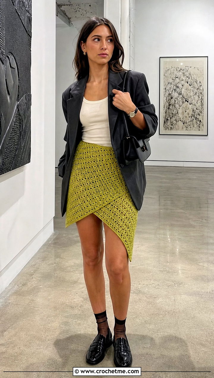 Asymmetrical Mini Crochet Wrap Around Skirt With Blazer - 30 crochet wrap around skirt outfit ideas