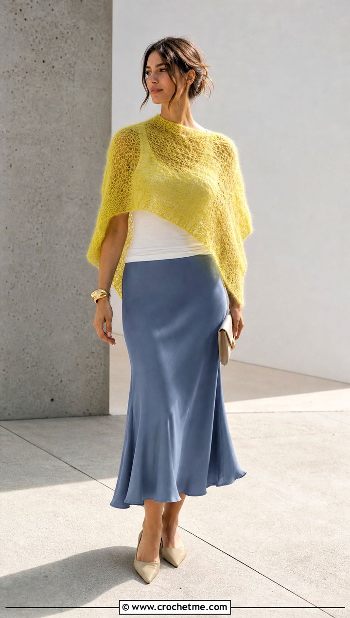 Asymmetrical Mohair Crochet Shrug With Bias Cut Skirt - 25 mohair crochet shrug outfit ideas