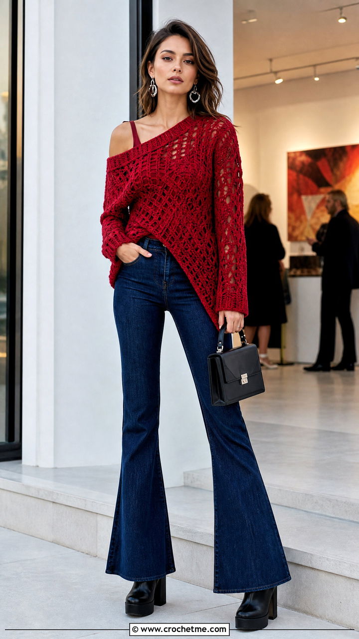 Asymmetrical Mohair Crochet Sweater With Flared Jeans - 35 mohair crochet sweater outfit ideas