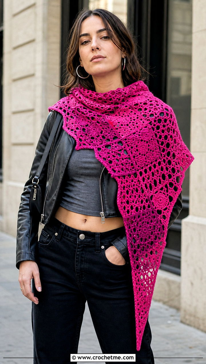 Asymmetrical Mosaic Crochet Shawl With Leather Jacket - 30 mosaic crochet shawl outfit ideas