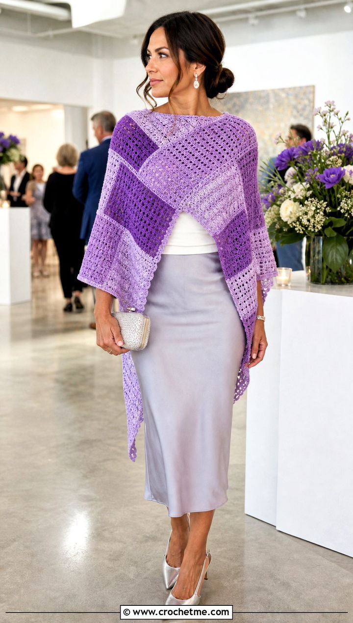 Asymmetrical Mosaic Poncho With Satin Midi Skirt - 15 Mosaic Crochet Poncho outfit ideas
