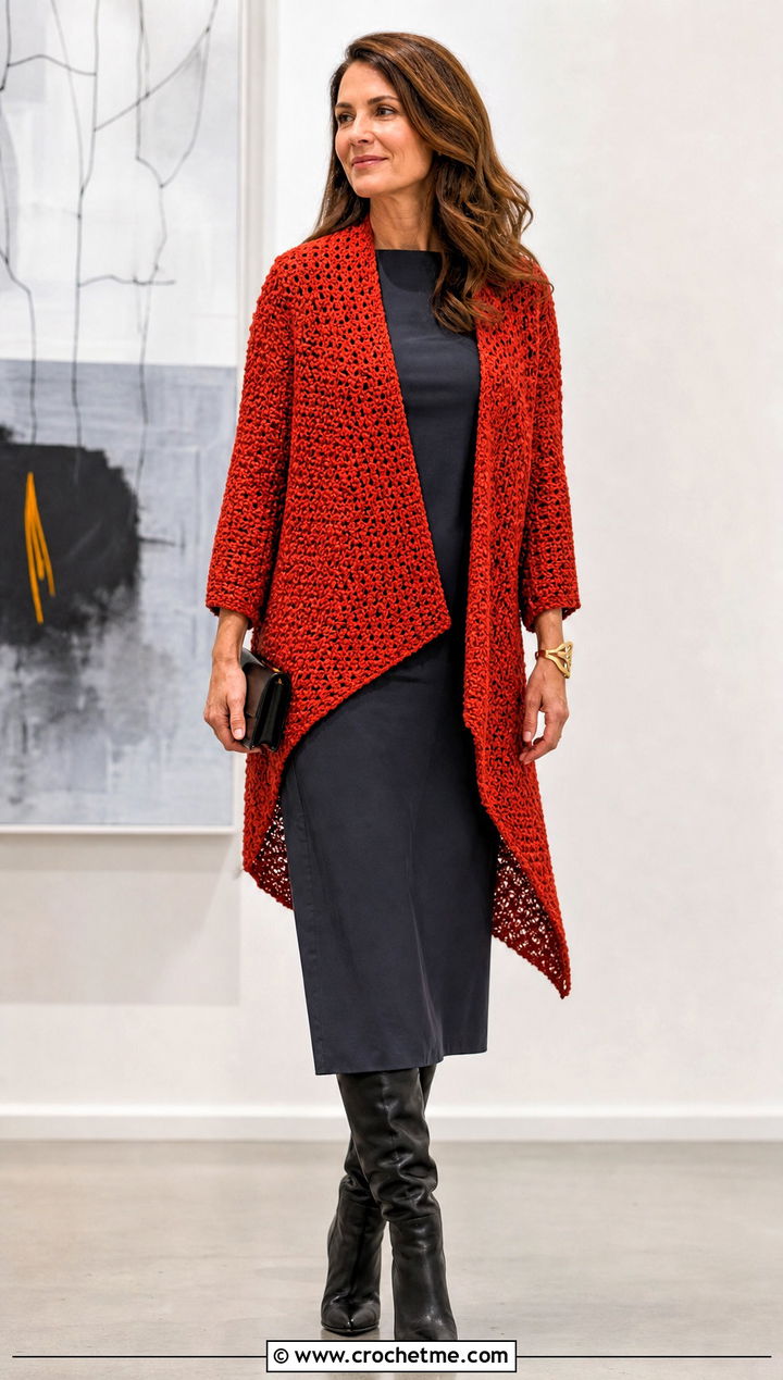 Asymmetrical Moss Stitch Cardigan With Column Dress - 30 crochet moss stitch cardigan outfit ideas