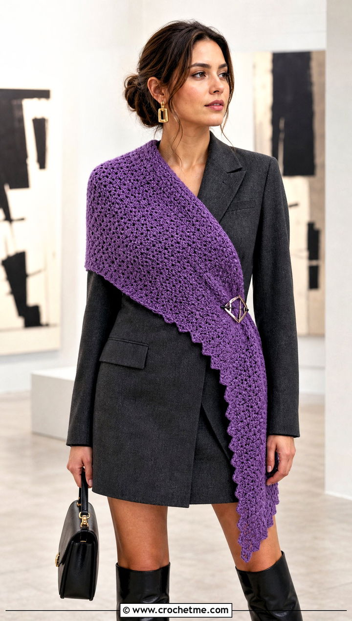 Asymmetrical Moss Stitch Crochet Scarf With Blazer Dress - 25 Moss Stitch Crochet Scarf outfit ideas
