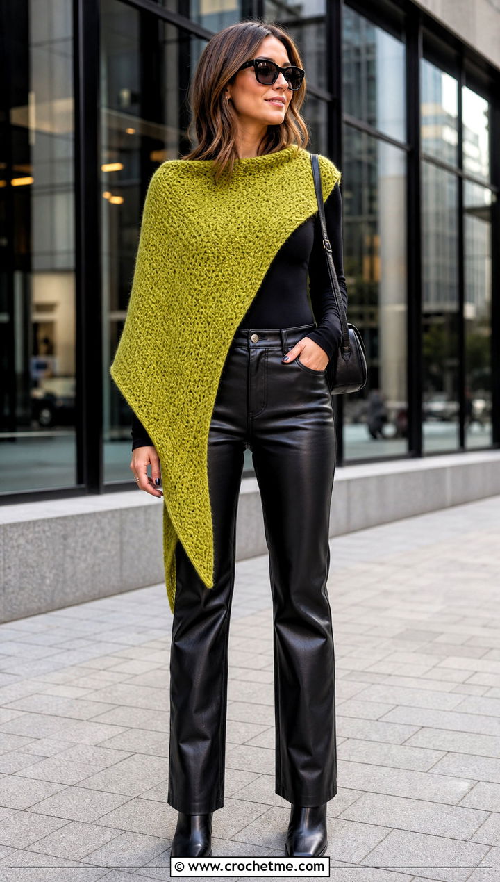 Asymmetrical Moss Stitch Shawl With Leather Pants - 25 Crochet Moss Stitch Shawl outfit ideas