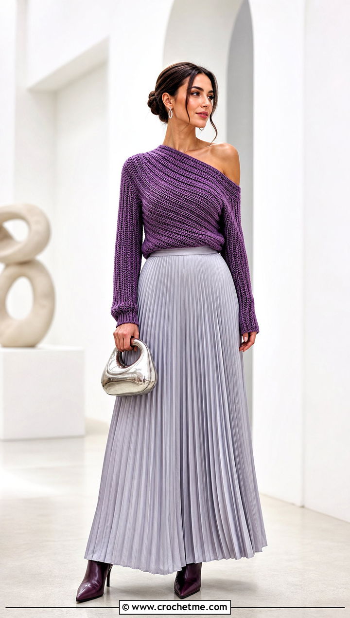 Asymmetrical Neck Crochet Ribbed Sweater With Maxi Skirt - 35 crochet ribbed sweater outfit ideas