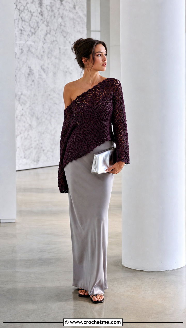 Asymmetrical Off The Shoulder Crochet Sweater With Maxi Skirt - 30 off the shoulder crochet sweater outfit ideas