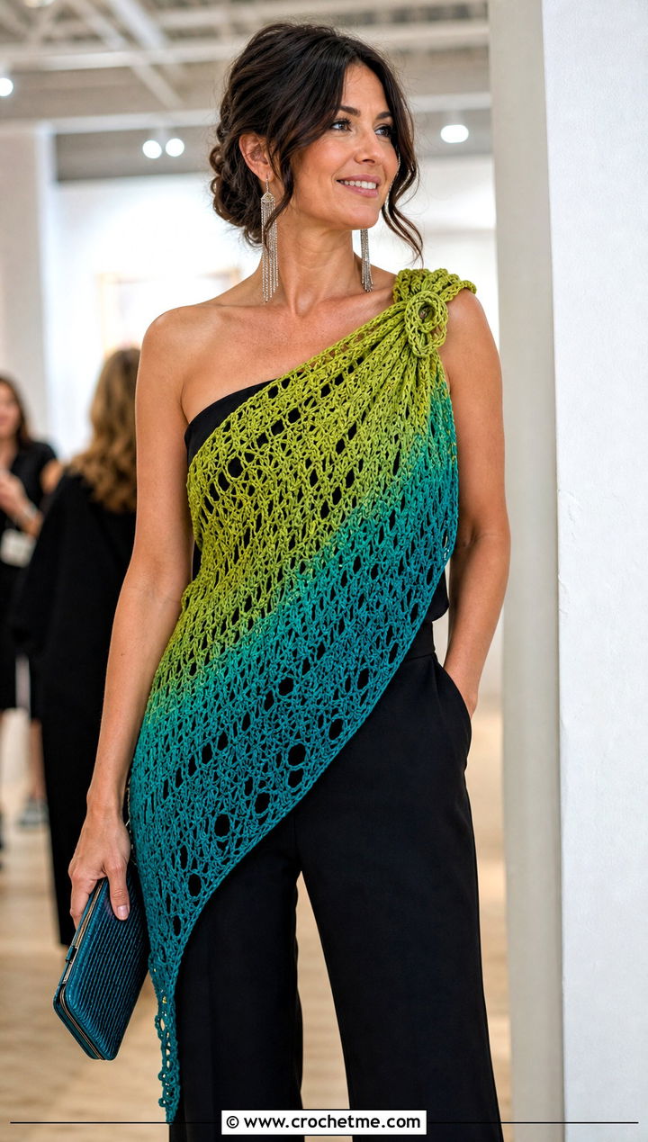 Asymmetrical Ombre Crochet Scarf With Jumpsuit - 25 Ombre Crochet Scarf outfit ideas
