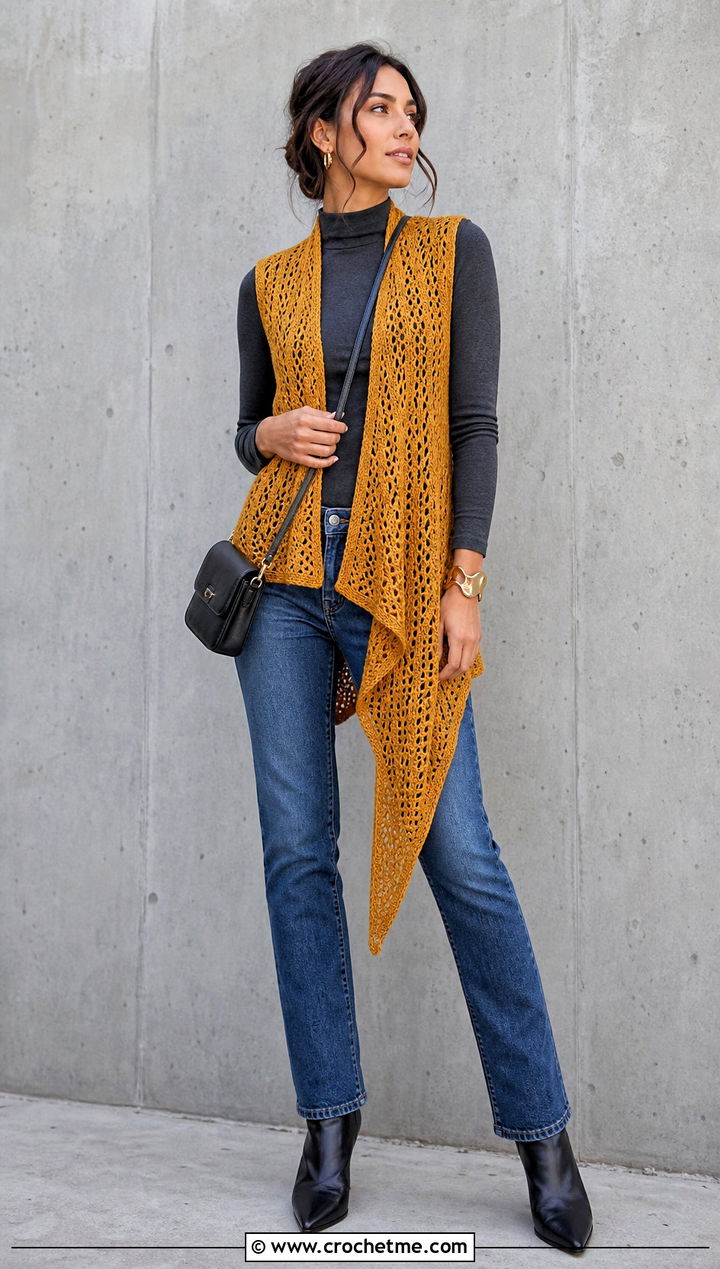Asymmetrical Open Front Crochet Vest With Slim Jeans - 25 crochet open front vest outfit ideas