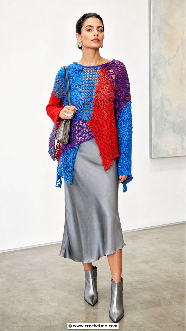 Asymmetrical Patchwork Crochet Sweater With Bias Cut Skirt - 35 patchwork crochet sweater outfit ideas