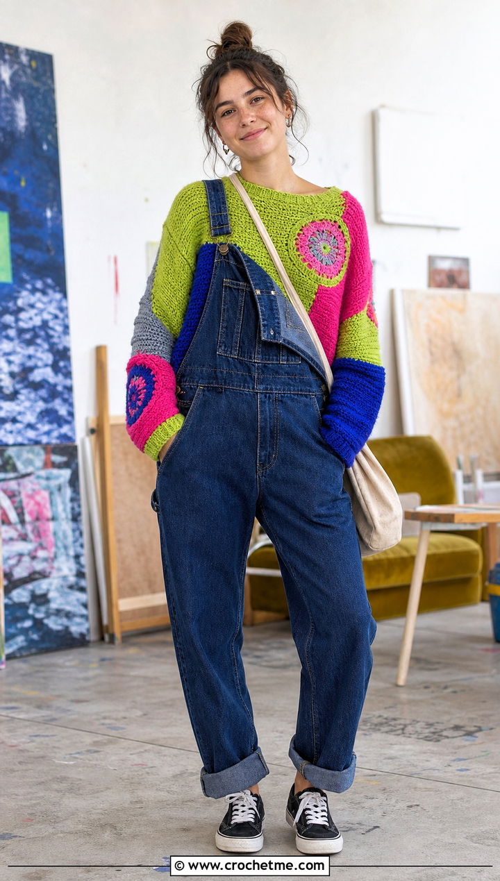 Asymmetrical Patchwork Sweater With Overalls - 30 crochet patchwork sweater outfit ideas