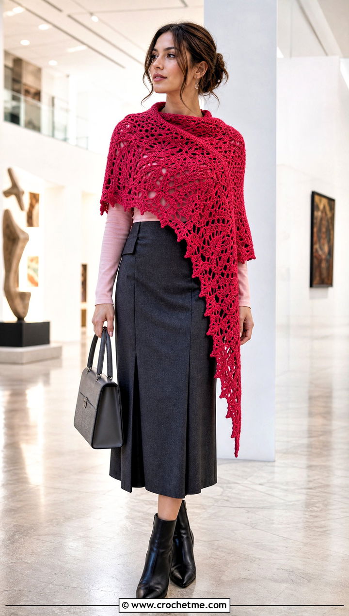 Asymmetrical Pineapple Crochet Shawl With Midi Skirt - 25 pineapple crochet shawl outfit ideas