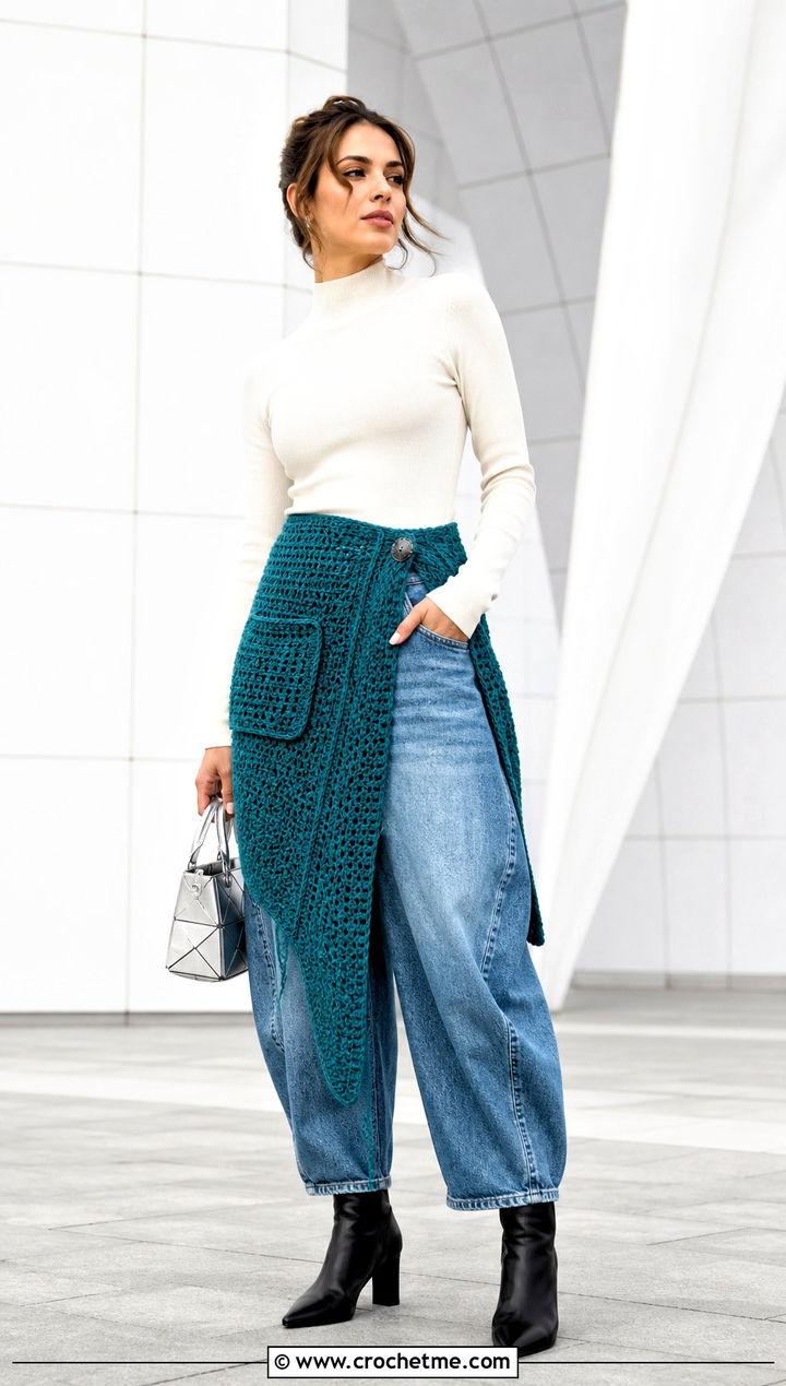 Asymmetrical Pocket Wrap With Barrel Jeans - 35 crochet wrap with pockets outfit ideas