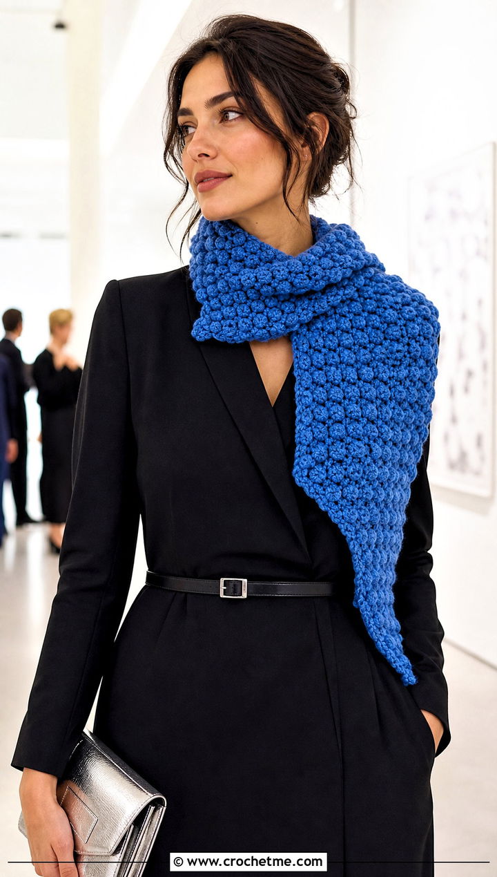 Asymmetrical Popcorn Crochet Scarf With Blazer Dress - 25 Popcorn Crochet Scarf outfit ideas