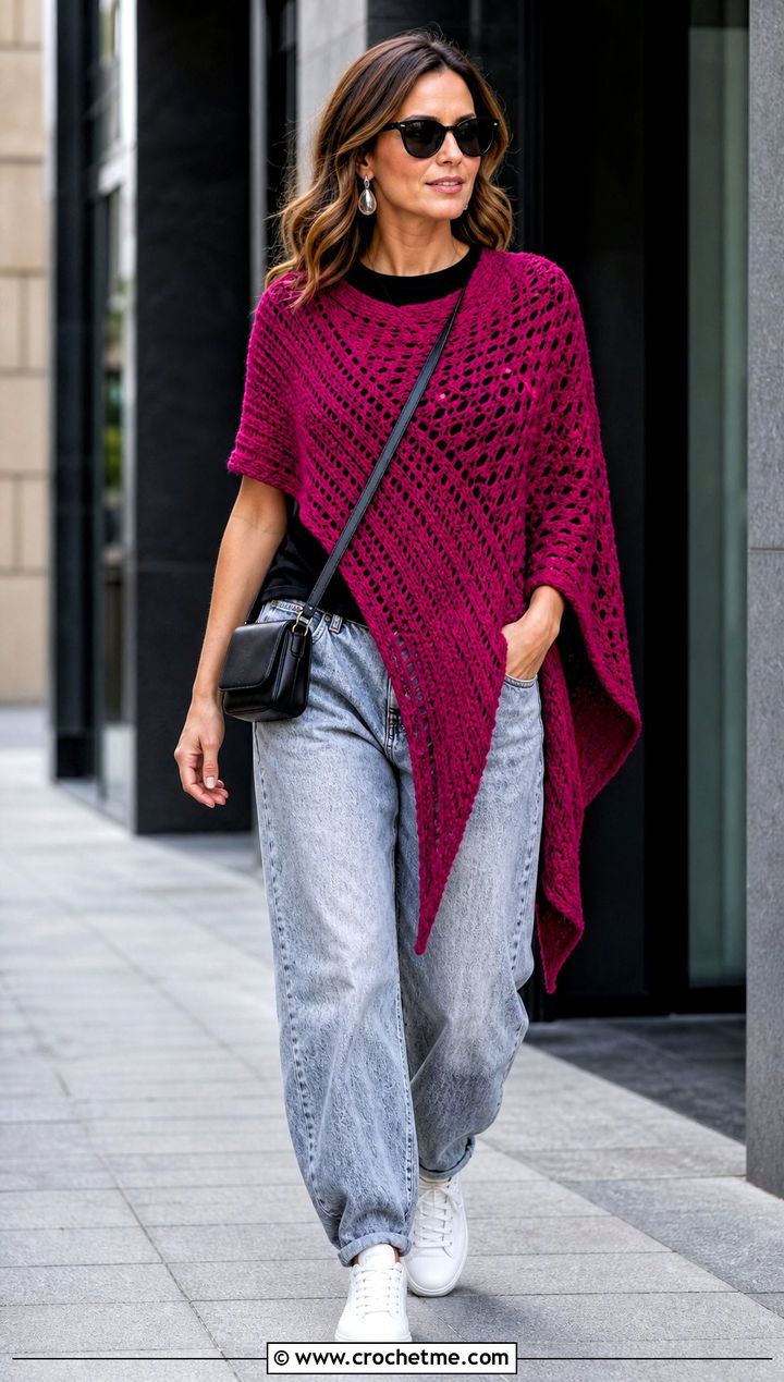Asymmetrical Rectangle Crochet Poncho With Barrel Jeans - 15 Easy Crochet Poncho From A Rectangle outfit ideas