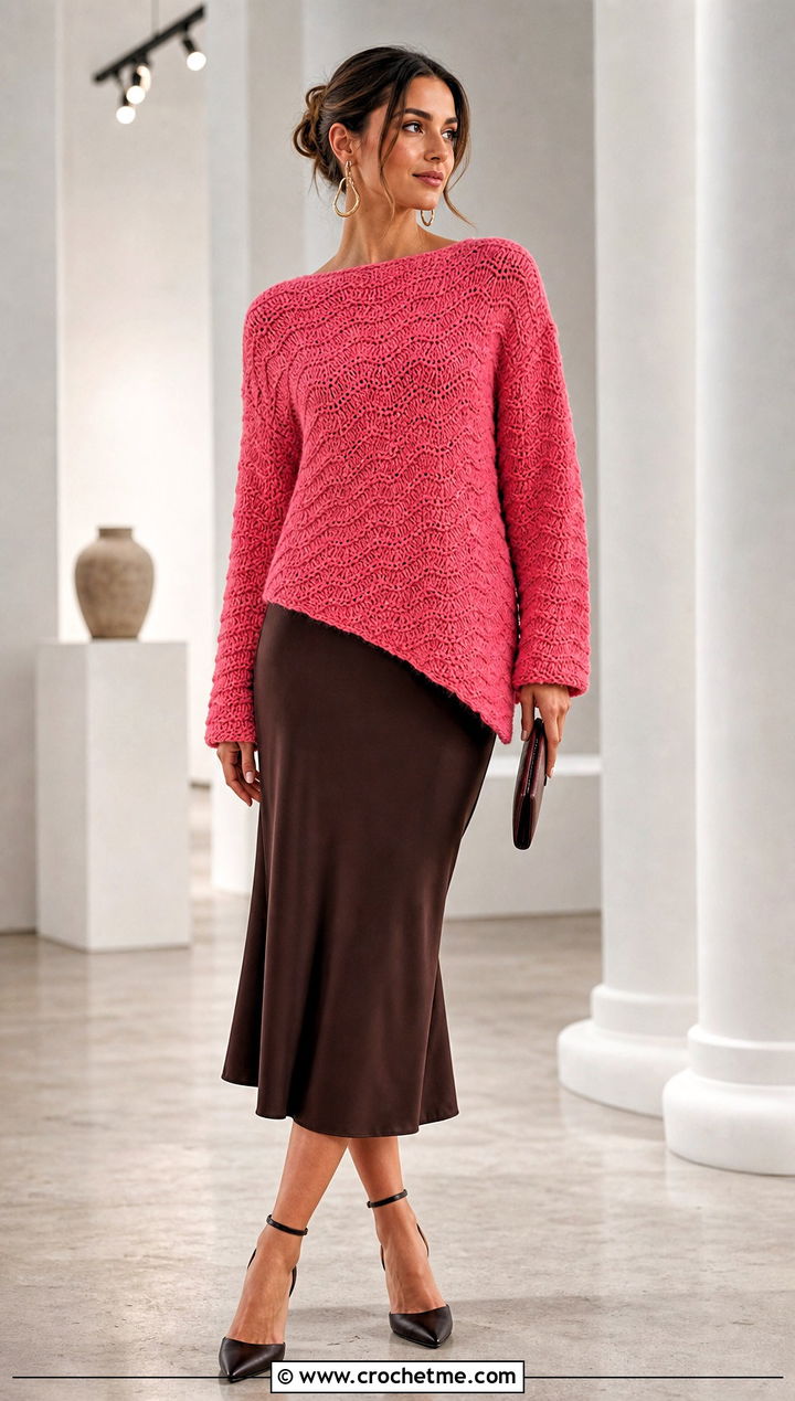 Asymmetrical Ripple Stitch Sweater With Bias Cut Skirt - 25 Crochet Ripple Stitch Sweater outfit ideas