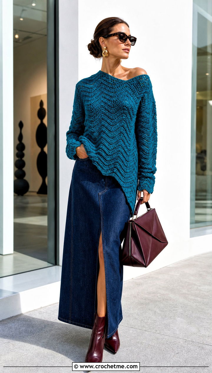 Asymmetrical Ripple Sweater With Maxi Denim Skirt - 30 crochet ripple sweater outfit ideas