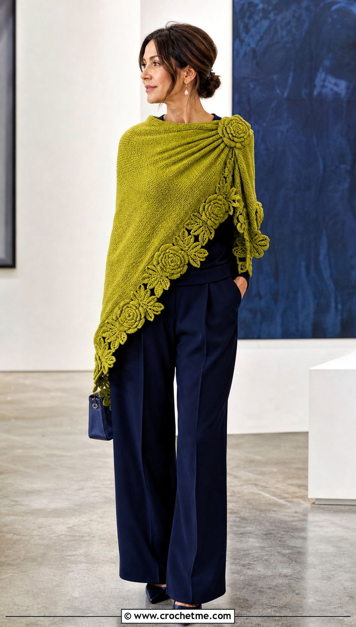 Asymmetrical Rose Shawl With Monochrome Outfit - 20 Crochet Rose Shawl outfit ideas