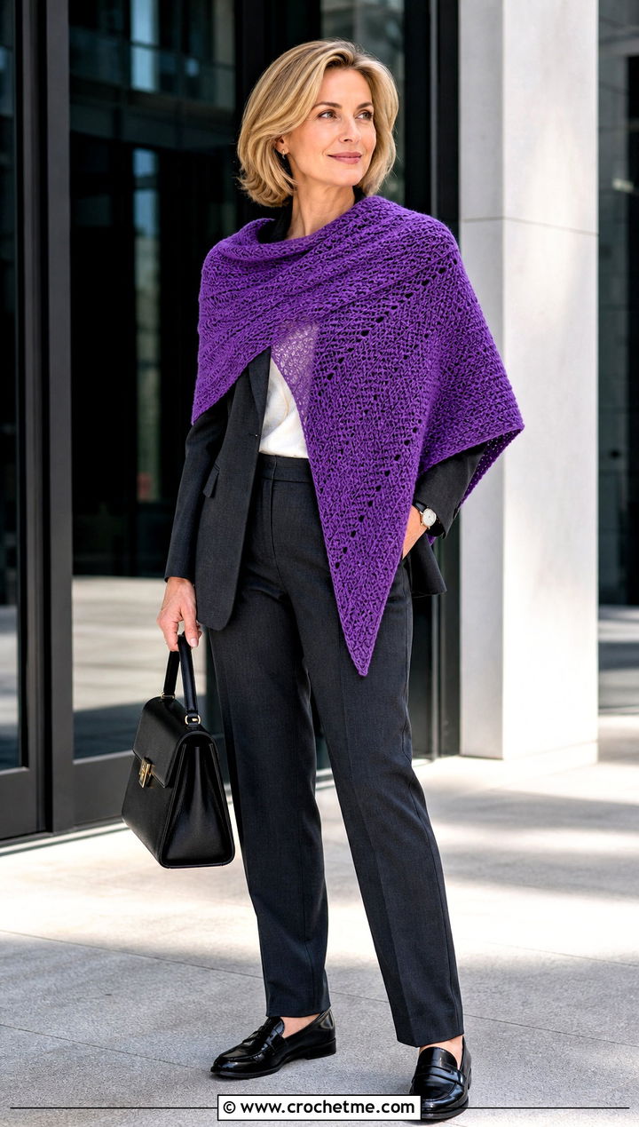 Asymmetrical Rounded Triangle Shawl With Trouser Suit - 35 tunisian crochet shawl outfit ideas