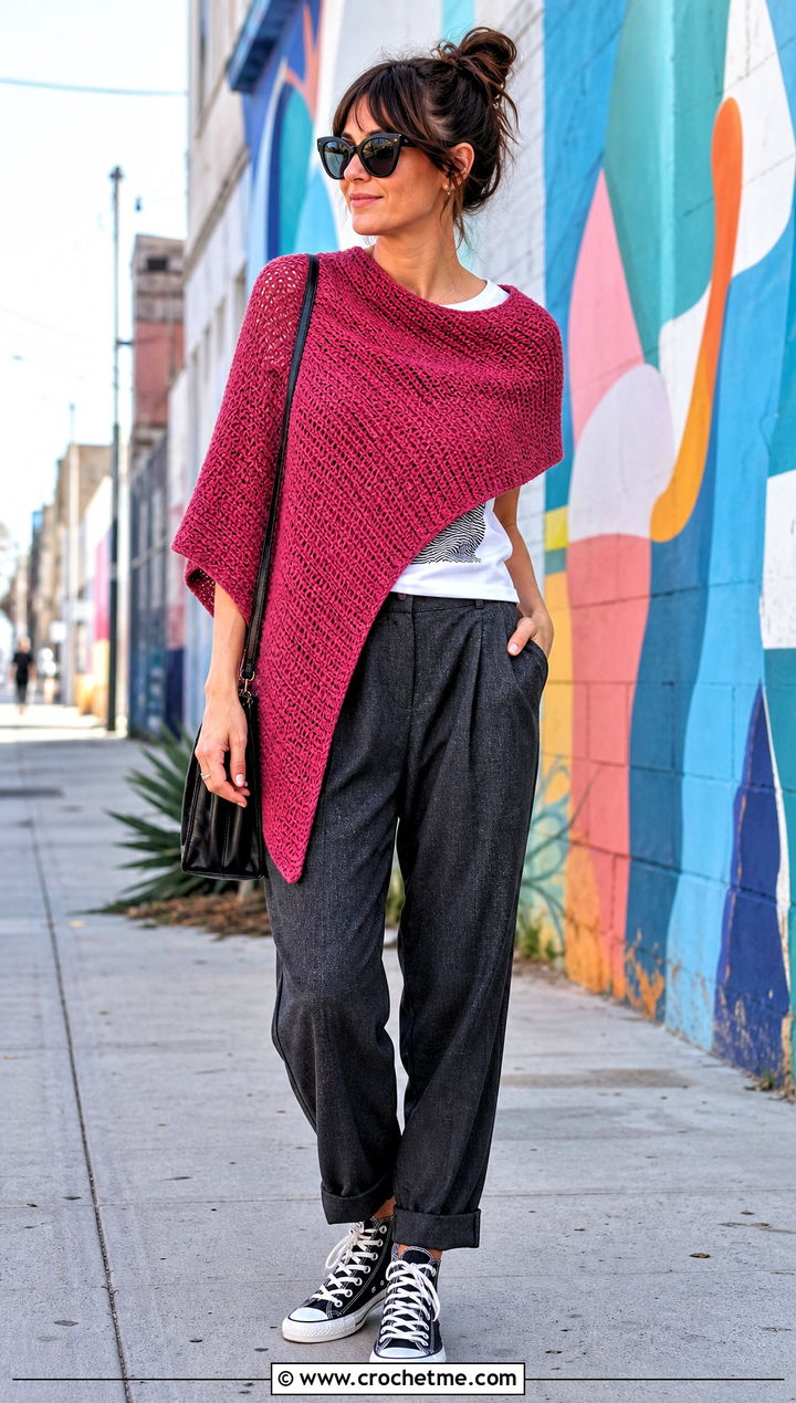 Asymmetrical Rounded Triangle Tunisian Crochet Wrap With Graphic Tee - 25 Tunisian Crochet Wrap outfit ideas