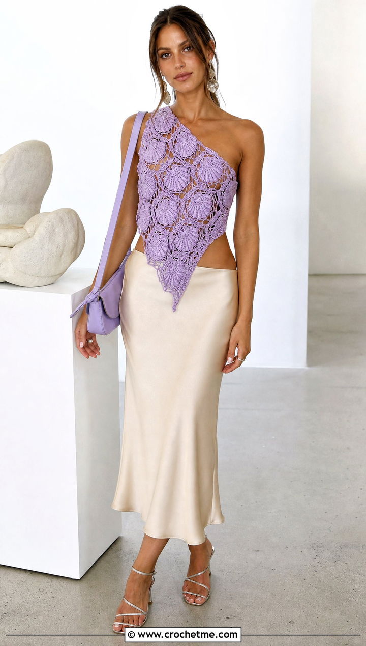 Asymmetrical Seashell Crochet Top With Slip Skirt - 35 crochet seashell top outfit ideas