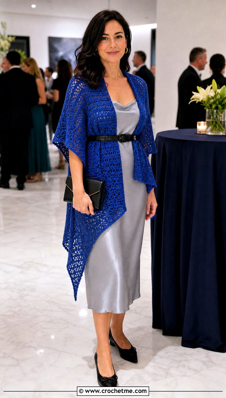 Asymmetrical Shawl Crochet Cardigan With Slip Dress - 25 Shawl Crochet Cardigan outfit ideas