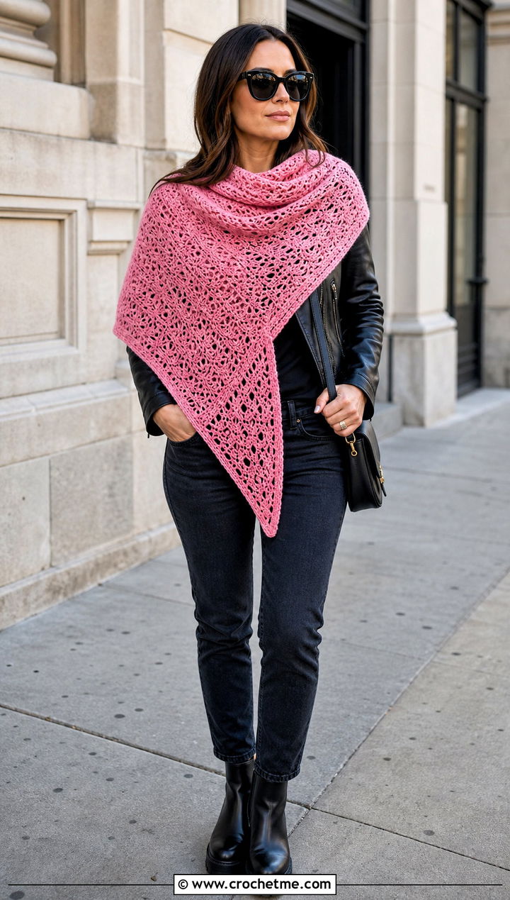 Asymmetrical Shawl With Leather Jacket - 15 Lion Brand Crochet Shawl In A Ball outfit ideas