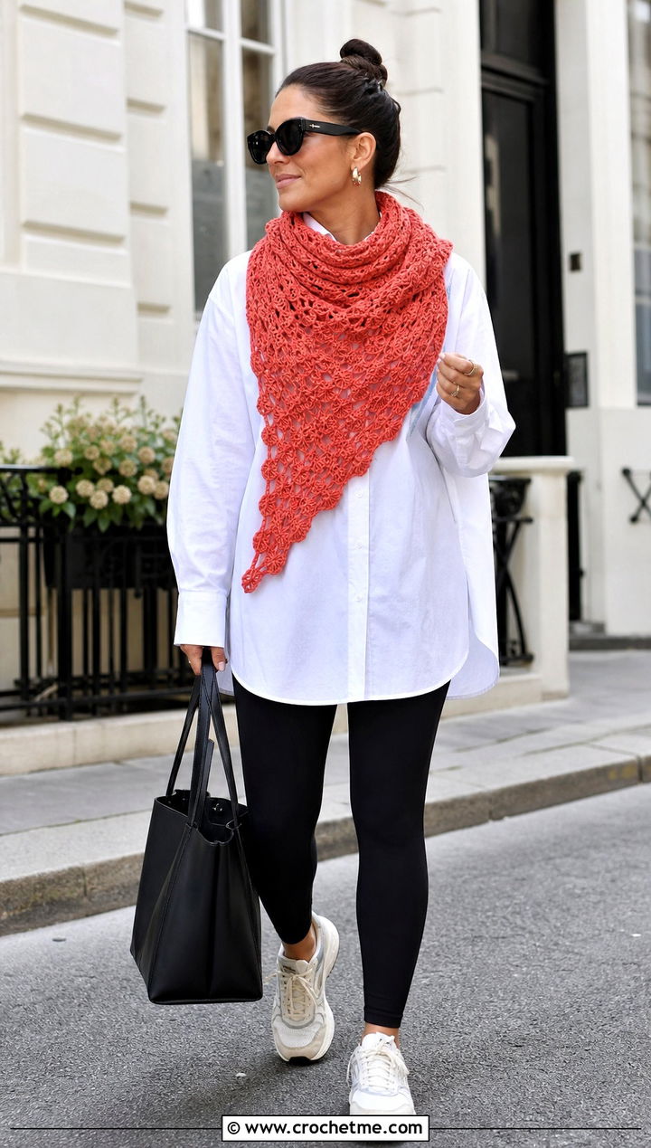 Asymmetrical Shell Scarf With Oversized Shirt And Leggings - 25 crochet shell scarf outfit ideas